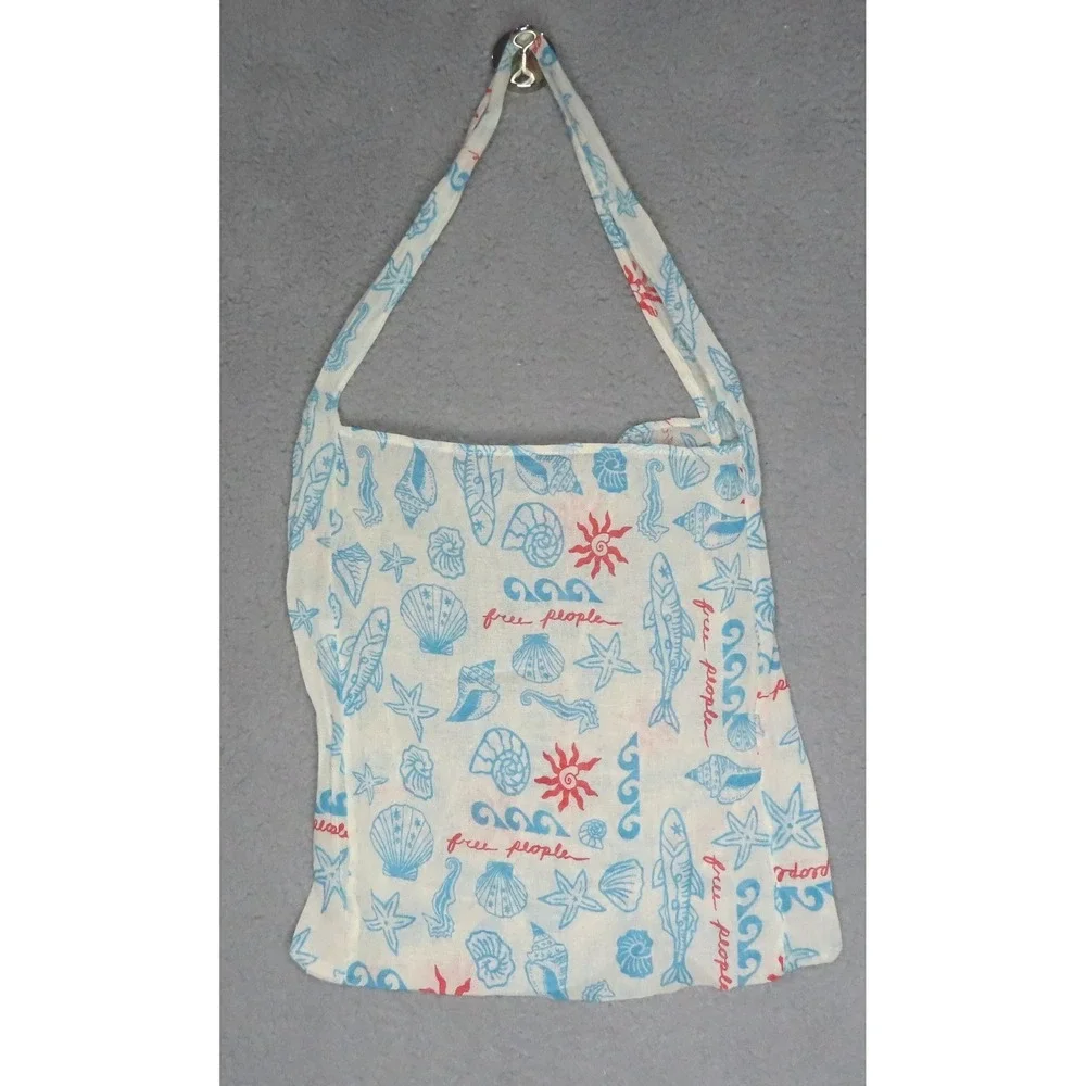 Free People Nautical Seashell Print Gauze Tote Bag Reusable Shopper Blue Red - Picture 2 of 8